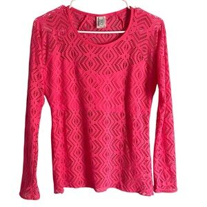 BECCA by Rebecca Virtue Pink Crochet Knit Long Sleeve Swim Cover Up Top Sz Small
